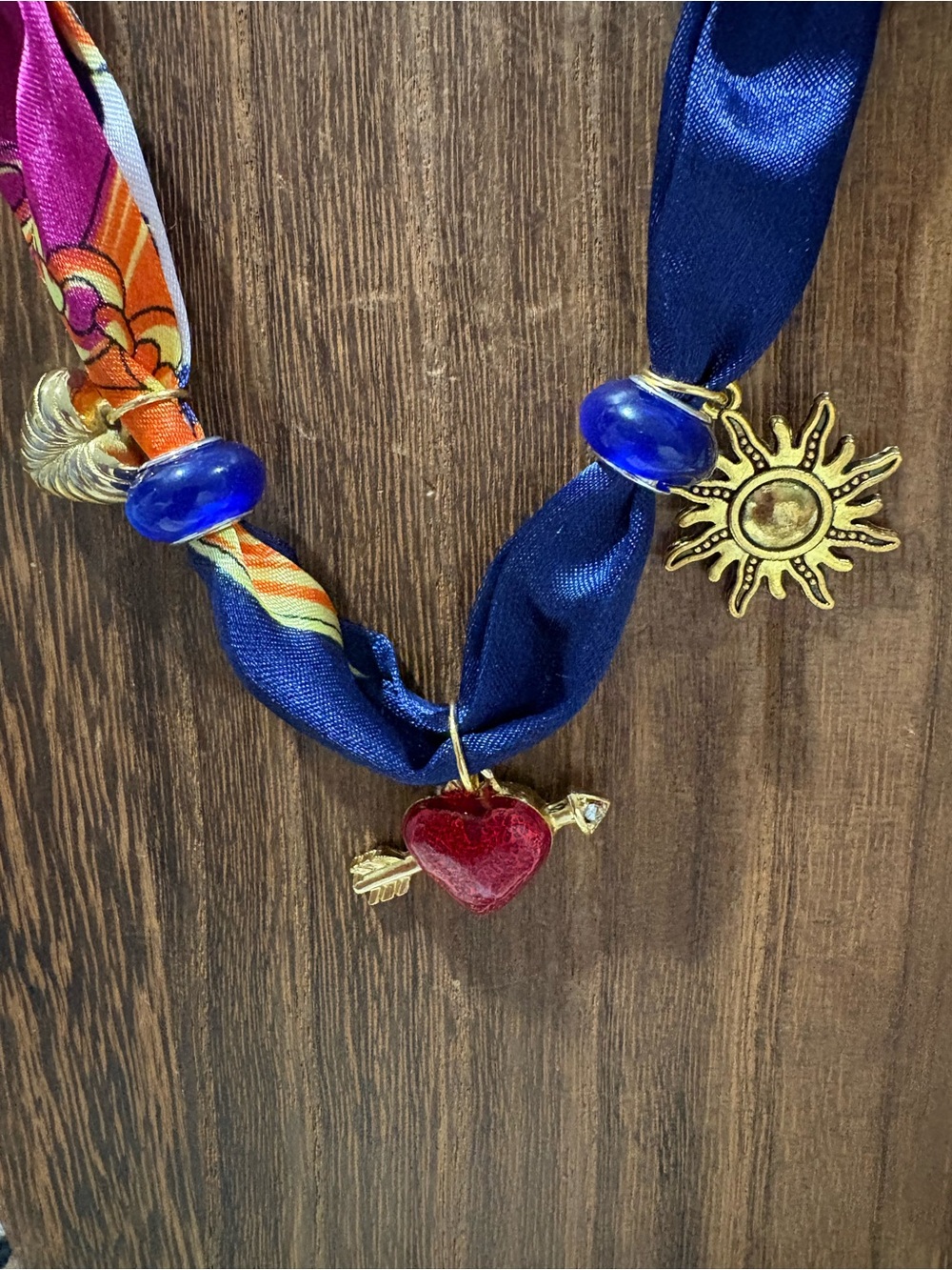 Twilly Charm Necklace with Gold Sun & Red Heart - Navy & Magenta